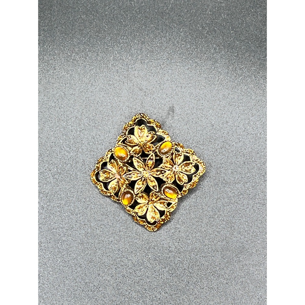 Gold Tone Floral Brooch Amber Gemstone Accent Statement Pin Women Fashion Vtg